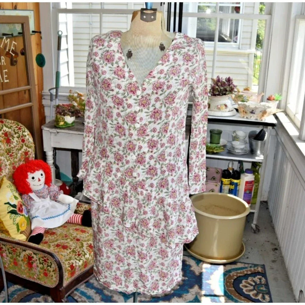 Vintage 80s Karin Stevens Floral Dress Asymmetrical Ruffle Hem Cottagecore Small